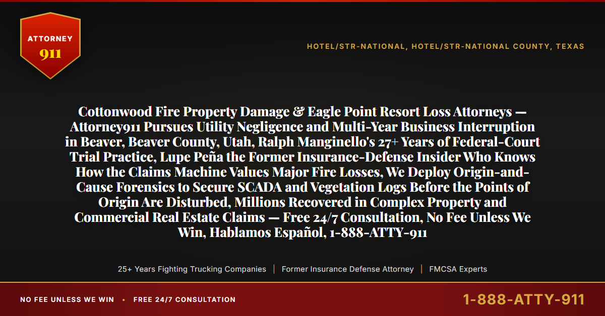 Cottonwood Fire Property Damage & Eagle Point Resort Loss Attorneys — Attorney911 Pursues Utility Negligence and Multi-Year Business Interruption in Beaver, Beaver County, Utah, Ralph Manginello's 27+ Years of Federal-Court Trial Practice, Lupe Peña the Former Insurance-Defense Insider Who Knows How the Claims Machine Values Major Fire Losses, We Deploy Origin-and-Cause Forensics to Secure SCADA and Vegetation Logs Before the Points of Origin Are Disturbed, Millions Recovered in Complex Property and Commercial Real Estate Claims — Free 24/7 Consultation, No Fee Unless We Win, Hablamos Español, 1-888-ATTY-911 - Attorney911
