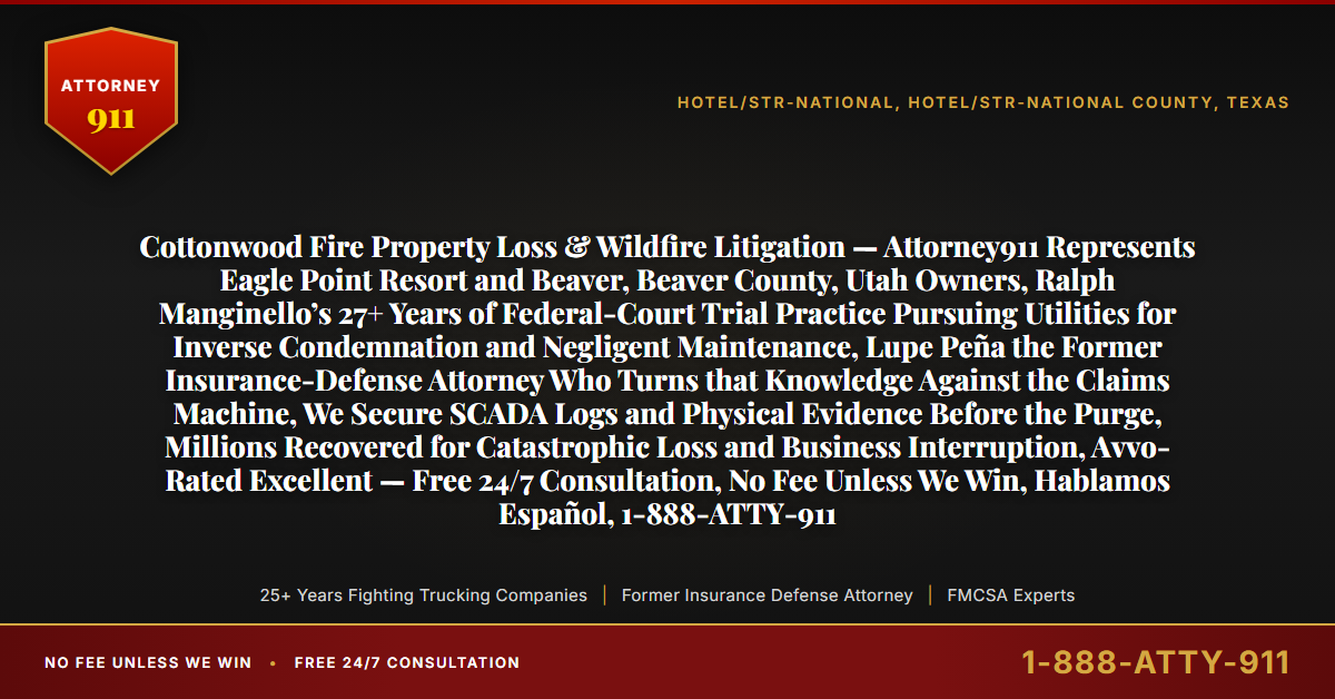 Cottonwood Fire Property Loss & Wildfire Litigation — Attorney911 Represents Eagle Point Resort and Beaver, Beaver County, Utah Owners, Ralph Manginello’s 27+ Years of Federal-Court Trial Practice Pursuing Utilities for Inverse Condemnation and Negligent Maintenance, Lupe Peña the Former Insurance-Defense Attorney Who Turns that Knowledge Against the Claims Machine, We Secure SCADA Logs and Physical Evidence Before the Purge, Millions Recovered for Catastrophic Loss and Business Interruption, Avvo-Rated Excellent — Free 24/7 Consultation, No Fee Unless We Win, Hablamos Español, 1-888-ATTY-911 - Attorney911