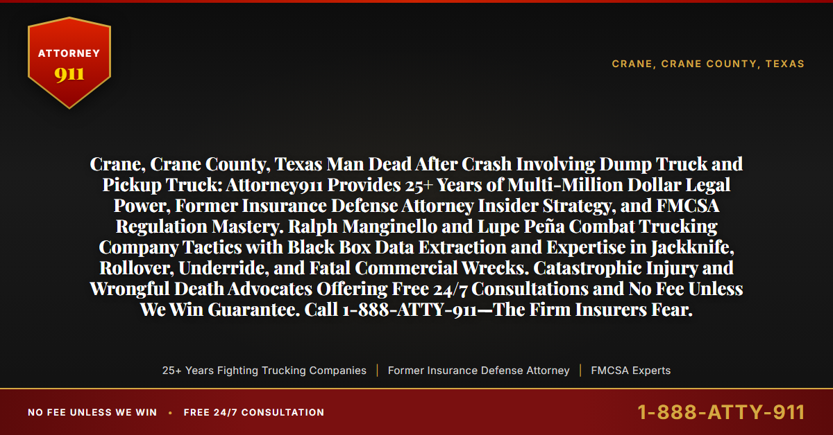 Crane, Crane County, Texas Man Dead After Crash Involving Dump Truck and Pickup Truck: Attorney911 Provides 25+ Years of Multi-Million Dollar Legal Power, Former Insurance Defense Attorney Insider Strategy, and FMCSA Regulation Mastery. Ralph Manginello and Lupe Peña Combat Trucking Company Tactics with Black Box Data Extraction and Expertise in Jackknife, Rollover, Underride, and Fatal Commercial Wrecks. Catastrophic Injury and Wrongful Death Advocates Offering Free 24/7 Consultations and No Fee Unless We Win Guarantee. Call 1-888-ATTY-911—The Firm Insurers Fear. - Attorney911