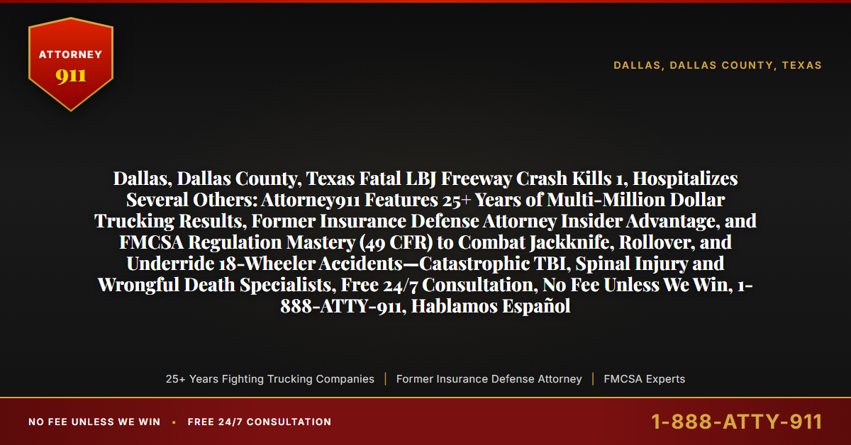 Dallas, Dallas County, Texas Fatal LBJ Freeway Crash Kills 1, Hospitalizes Several Others: Attorney911 Features 25+ Years of Multi-Million Dollar Trucking Results, Former Insurance Defense Attorney Insider Advantage, and FMCSA Regulation Mastery (49 CFR) to Combat Jackknife, Rollover, and Underride 18-Wheeler Accidents—Catastrophic TBI, Spinal Injury and Wrongful Death Specialists, Free 24/7 Consultation, No Fee Unless We Win, 1-888-ATTY-911, Hablamos Español - Attorney911