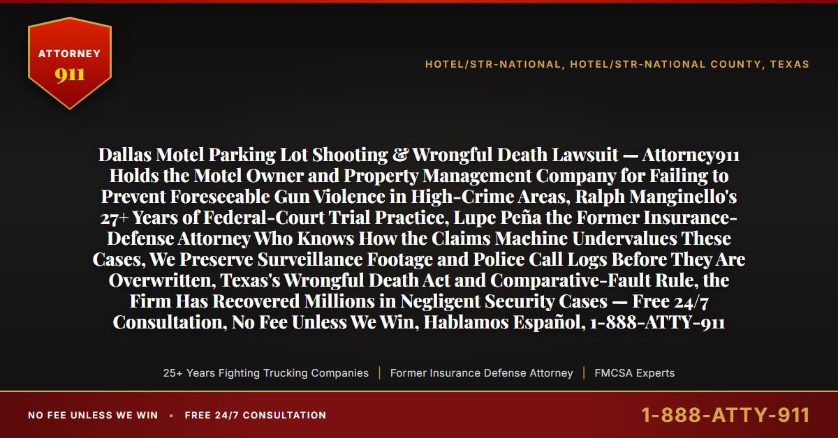 Dallas Motel Parking Lot Shooting & Wrongful Death Lawsuit — Attorney911 Holds the Motel Owner and Property Management Company for Failing to Prevent Foreseeable Gun Violence in High-Crime Areas, Ralph Manginello's 27+ Years of Federal-Court Trial Practice, Lupe Peña the Former Insurance-Defense Attorney Who Knows How the Claims Machine Undervalues These Cases, We Preserve Surveillance Footage and Police Call Logs Before They Are Overwritten, Texas's Wrongful Death Act and Comparative-Fault Rule, the Firm Has Recovered Millions in Negligent Security Cases — Free 24/7 Consultation, No Fee Unless We Win, Hablamos Español, 1-888-ATTY-911 - Attorney911