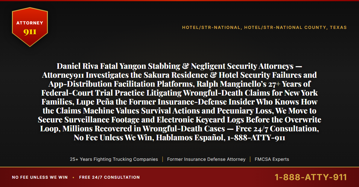 Daniel Riva Fatal Yangon Stabbing & Negligent Security Attorneys — Attorney911 Investigates the Sakura Residence & Hotel Security Failures and App-Distribution Facilitation Platforms, Ralph Manginello’s 27+ Years of Federal-Court Trial Practice Litigating Wrongful-Death Claims for New York Families, Lupe Peña the Former Insurance-Defense Insider Who Knows How the Claims Machine Values Survival Actions and Pecuniary Loss, We Move to Secure Surveillance Footage and Electronic Keycard Logs Before the Overwrite Loop, Millions Recovered in Wrongful-Death Cases — Free 24/7 Consultation, No Fee Unless We Win, Hablamos Español, 1-888-ATTY-911 - Attorney911