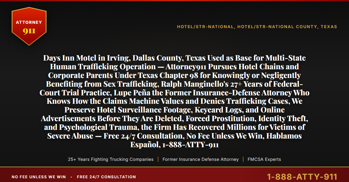 Days Inn Motel in Irving, Dallas County, Texas Used as Base for Multi-State Human Trafficking Operation — Attorney911 Pursues Hotel Chains and Corporate Parents Under Texas Chapter 98 for Knowingly or Negligently Benefiting from Sex Trafficking, Ralph Manginello's 27+ Years of Federal-Court Trial Practice, Lupe Peña the Former Insurance-Defense Attorney Who Knows How the Claims Machine Values and Denies Trafficking Cases, We Preserve Hotel Surveillance Footage, Keycard Logs, and Online Advertisements Before They Are Deleted, Forced Prostitution, Identity Theft, and Psychological Trauma, the Firm Has Recovered Millions for Victims of Severe Abuse — Free 24/7 Consultation, No Fee Unless We Win, Hablamos Español, 1-888-ATTY-911 - Attorney911