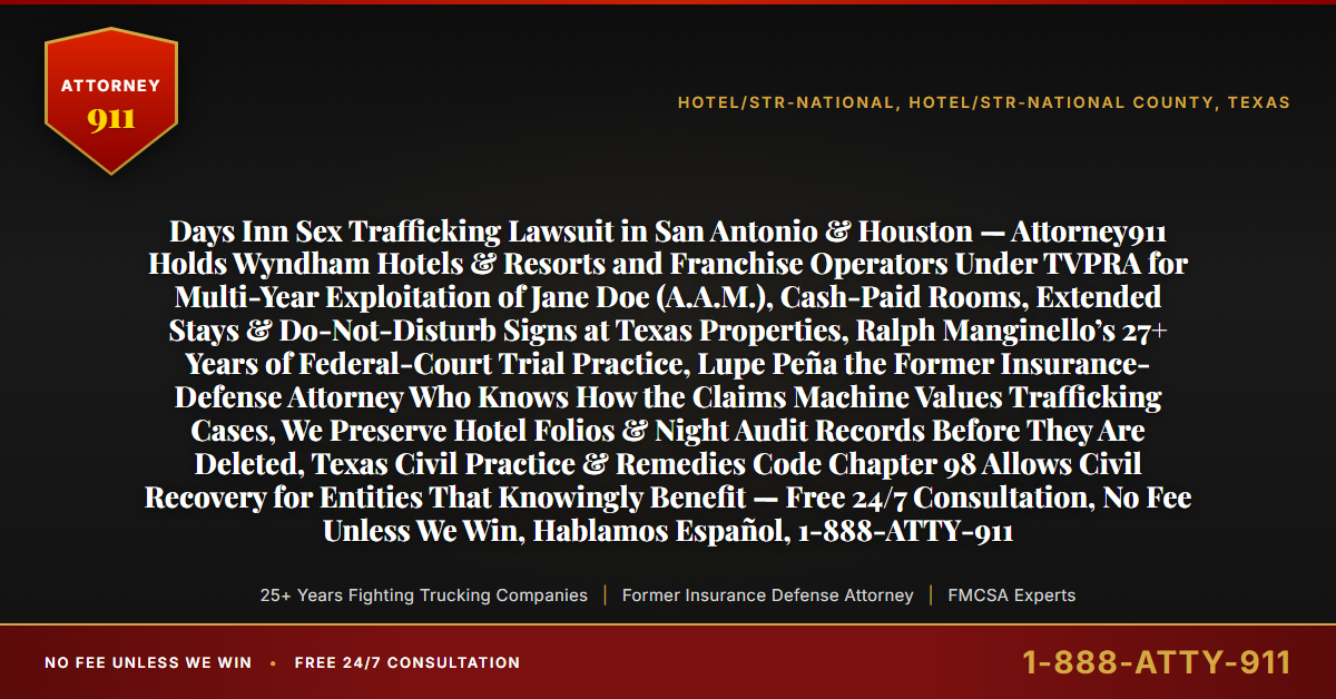 Days Inn Sex Trafficking Lawsuit in San Antonio & Houston — Attorney911 Holds Wyndham Hotels & Resorts and Franchise Operators Under TVPRA for Multi-Year Exploitation of Jane Doe (A.A.M.), Cash-Paid Rooms, Extended Stays & Do-Not-Disturb Signs at Texas Properties, Ralph Manginello’s 27+ Years of Federal-Court Trial Practice, Lupe Peña the Former Insurance-Defense Attorney Who Knows How the Claims Machine Values Trafficking Cases, We Preserve Hotel Folios & Night Audit Records Before They Are Deleted, Texas Civil Practice & Remedies Code Chapter 98 Allows Civil Recovery for Entities That Knowingly Benefit — Free 24/7 Consultation, No Fee Unless We Win, Hablamos Español, 1-888-ATTY-911 - Attorney911