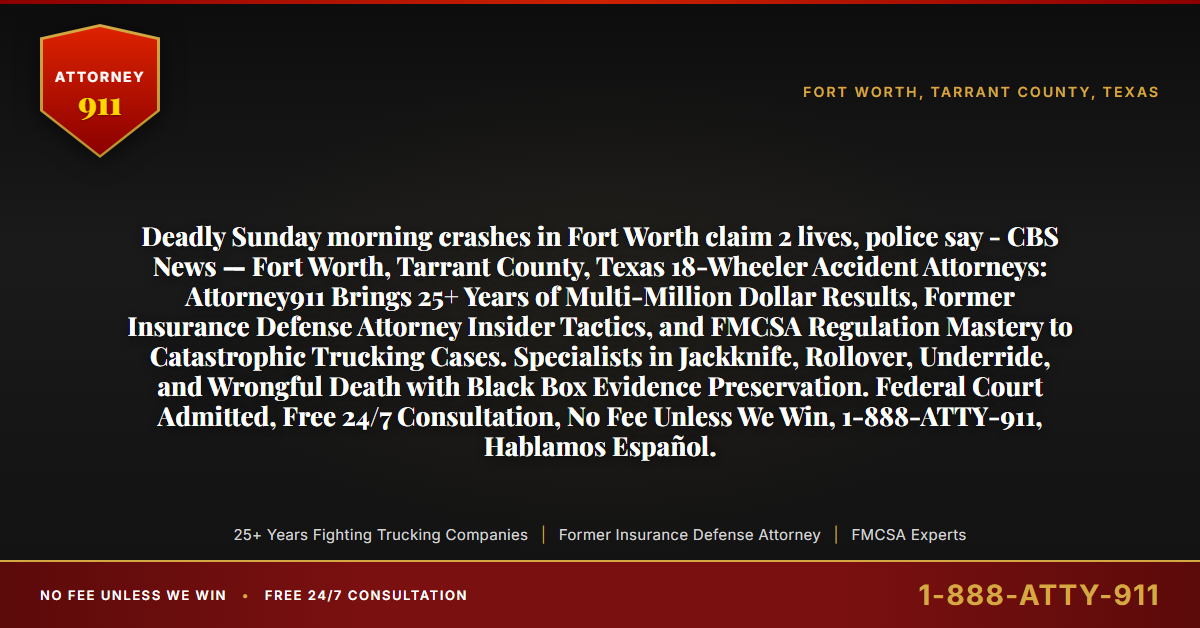 Deadly Sunday morning crashes in Fort Worth claim 2 lives, police say - CBS News — Fort Worth, Tarrant County, Texas 18-Wheeler Accident Attorneys: Attorney911 Brings 25+ Years of Multi-Million Dollar Results, Former Insurance Defense Attorney Insider Tactics, and FMCSA Regulation Mastery to Catastrophic Trucking Cases. Specialists in Jackknife, Rollover, Underride, and Wrongful Death with Black Box Evidence Preservation. Federal Court Admitted, Free 24/7 Consultation, No Fee Unless We Win, 1-888-ATTY-911, Hablamos Español. - Attorney911