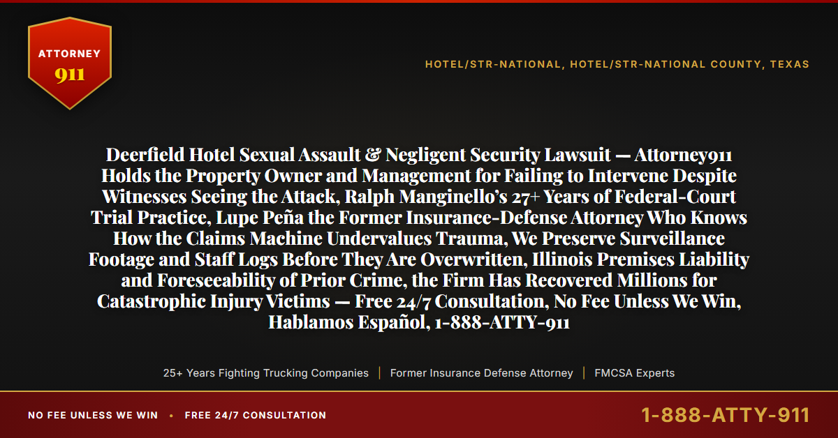 Deerfield Hotel Sexual Assault & Negligent Security Lawsuit — Attorney911 Holds the Property Owner and Management for Failing to Intervene Despite Witnesses Seeing the Attack, Ralph Manginello’s 27+ Years of Federal-Court Trial Practice, Lupe Peña the Former Insurance-Defense Attorney Who Knows How the Claims Machine Undervalues Trauma, We Preserve Surveillance Footage and Staff Logs Before They Are Overwritten, Illinois Premises Liability and Foreseeability of Prior Crime, the Firm Has Recovered Millions for Catastrophic Injury Victims — Free 24/7 Consultation, No Fee Unless We Win, Hablamos Español, 1-888-ATTY-911 - Attorney911