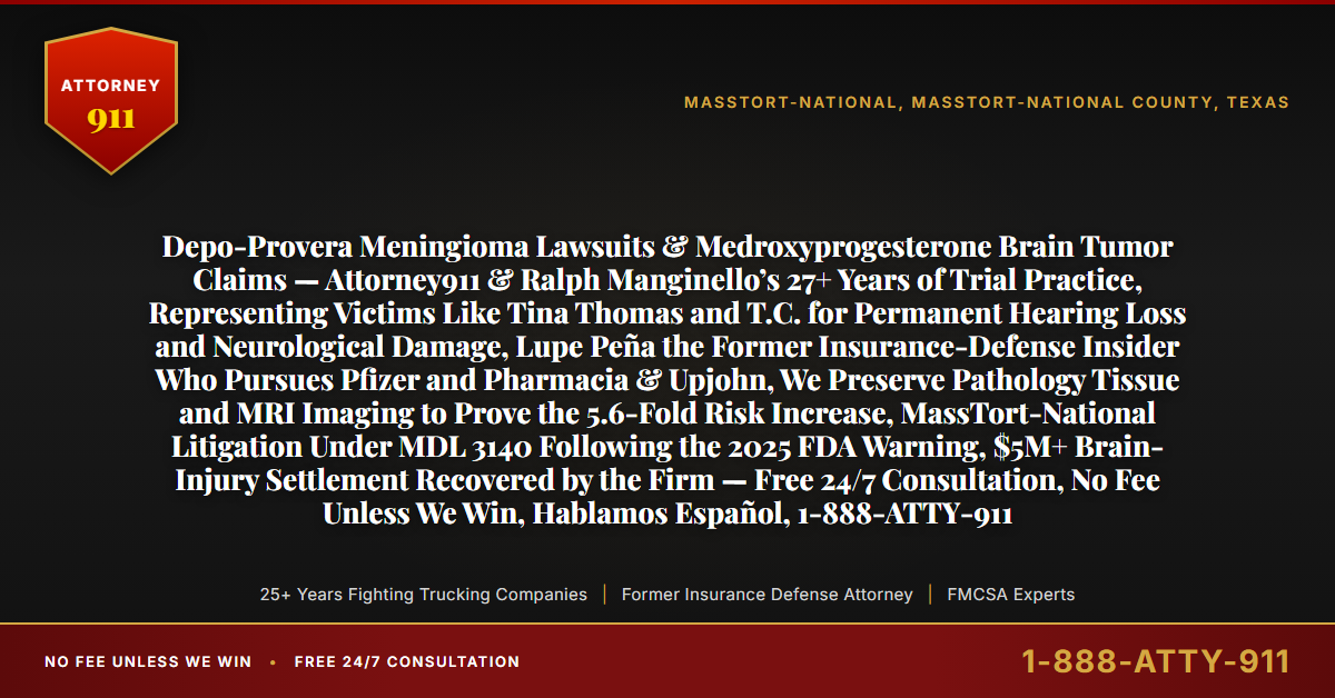 Depo-Provera Meningioma Lawsuits & Medroxyprogesterone Brain Tumor Claims — Attorney911 & Ralph Manginello’s 27+ Years of Trial Practice, Representing Victims Like Tina Thomas and T.C. for Permanent Hearing Loss and Neurological Damage, Lupe Peña the Former Insurance-Defense Insider Who Pursues Pfizer and Pharmacia & Upjohn, We Preserve Pathology Tissue and MRI Imaging to Prove the 5.6-Fold Risk Increase, MassTort-National Litigation Under MDL 3140 Following the 2025 FDA Warning, $5M+ Brain-Injury Settlement Recovered by the Firm — Free 24/7 Consultation, No Fee Unless We Win, Hablamos Español, 1-888-ATTY-911 - Attorney911