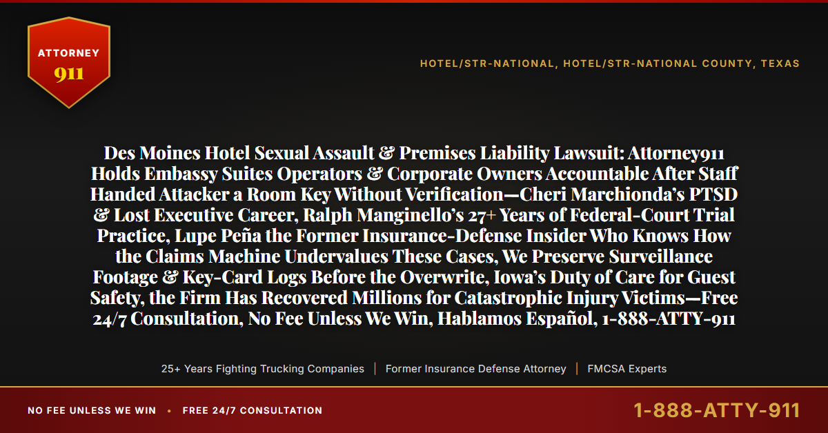 Des Moines Hotel Sexual Assault & Premises Liability Lawsuit: Attorney911 Holds Embassy Suites Operators & Corporate Owners Accountable After Staff Handed Attacker a Room Key Without Verification—Cheri Marchionda’s PTSD & Lost Executive Career, Ralph Manginello’s 27+ Years of Federal-Court Trial Practice, Lupe Peña the Former Insurance-Defense Insider Who Knows How the Claims Machine Undervalues These Cases, We Preserve Surveillance Footage & Key-Card Logs Before the Overwrite, Iowa’s Duty of Care for Guest Safety, the Firm Has Recovered Millions for Catastrophic Injury Victims—Free 24/7 Consultation, No Fee Unless We Win, Hablamos Español, 1-888-ATTY-911 - Attorney911