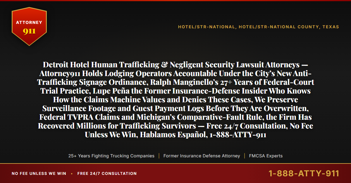 Detroit Hotel Human Trafficking & Negligent Security Lawsuit Attorneys — Attorney911 Holds Lodging Operators Accountable Under the City’s New Anti-Trafficking Signage Ordinance, Ralph Manginello’s 27+ Years of Federal-Court Trial Practice, Lupe Peña the Former Insurance-Defense Insider Who Knows How the Claims Machine Values and Denies These Cases, We Preserve Surveillance Footage and Guest Payment Logs Before They Are Overwritten, Federal TVPRA Claims and Michigan’s Comparative-Fault Rule, the Firm Has Recovered Millions for Trafficking Survivors — Free 24/7 Consultation, No Fee Unless We Win, Hablamos Español, 1-888-ATTY-911 - Attorney911
