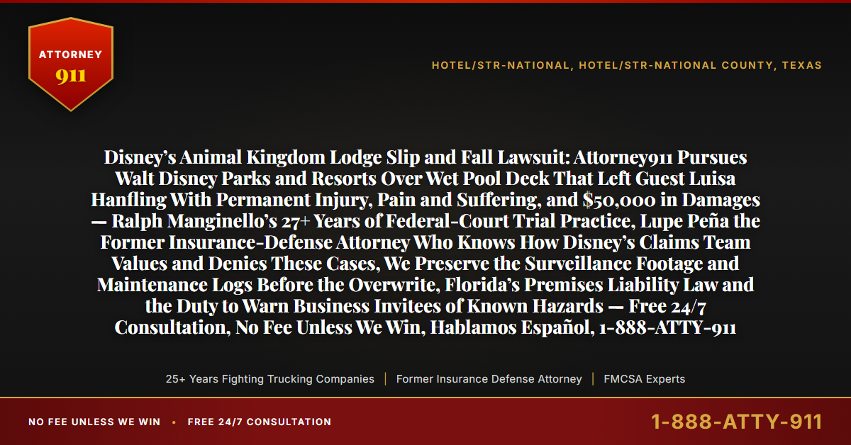 Disney’s Animal Kingdom Lodge Slip and Fall Lawsuit: Attorney911 Pursues Walt Disney Parks and Resorts Over Wet Pool Deck That Left Guest Luisa Hanfling With Permanent Injury, Pain and Suffering, and $50,000 in Damages — Ralph Manginello’s 27+ Years of Federal-Court Trial Practice, Lupe Peña the Former Insurance-Defense Attorney Who Knows How Disney’s Claims Team Values and Denies These Cases, We Preserve the Surveillance Footage and Maintenance Logs Before the Overwrite, Florida’s Premises Liability Law and the Duty to Warn Business Invitees of Known Hazards — Free 24/7 Consultation, No Fee Unless We Win, Hablamos Español, 1-888-ATTY-911 - Attorney911