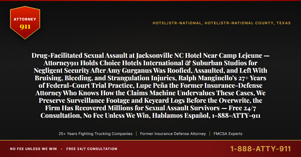 Drug-Facilitated Sexual Assault at Jacksonville NC Hotel Near Camp Lejeune — Attorney911 Holds Choice Hotels International & Suburban Studios for Negligent Security After Amy Gurganus Was Roofied, Assaulted, and Left With Bruising, Bleeding, and Strangulation Injuries, Ralph Manginello’s 27+ Years of Federal-Court Trial Practice, Lupe Peña the Former Insurance-Defense Attorney Who Knows How the Claims Machine Undervalues These Cases, We Preserve Surveillance Footage and Keycard Logs Before the Overwrite, the Firm Has Recovered Millions for Sexual Assault Survivors — Free 24/7 Consultation, No Fee Unless We Win, Hablamos Español, 1-888-ATTY-911 - Attorney911