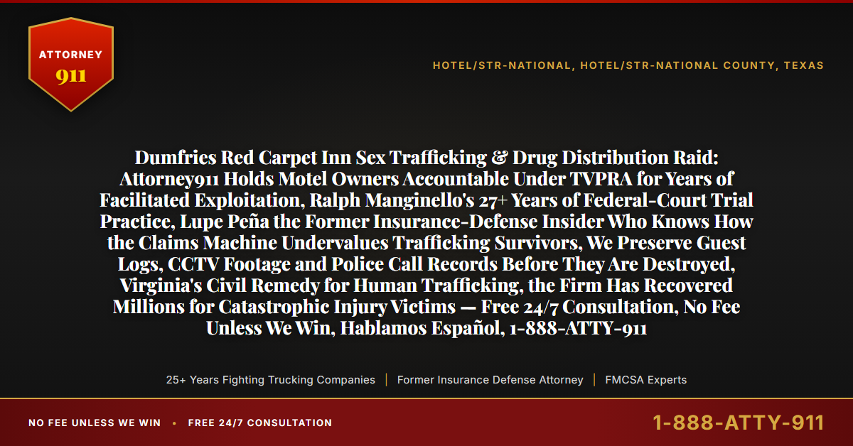 Dumfries Red Carpet Inn Sex Trafficking & Drug Distribution Raid: Attorney911 Holds Motel Owners Accountable Under TVPRA for Years of Facilitated Exploitation, Ralph Manginello's 27+ Years of Federal-Court Trial Practice, Lupe Peña the Former Insurance-Defense Insider Who Knows How the Claims Machine Undervalues Trafficking Survivors, We Preserve Guest Logs, CCTV Footage and Police Call Records Before They Are Destroyed, Virginia's Civil Remedy for Human Trafficking, the Firm Has Recovered Millions for Catastrophic Injury Victims — Free 24/7 Consultation, No Fee Unless We Win, Hablamos Español, 1-888-ATTY-911 - Attorney911