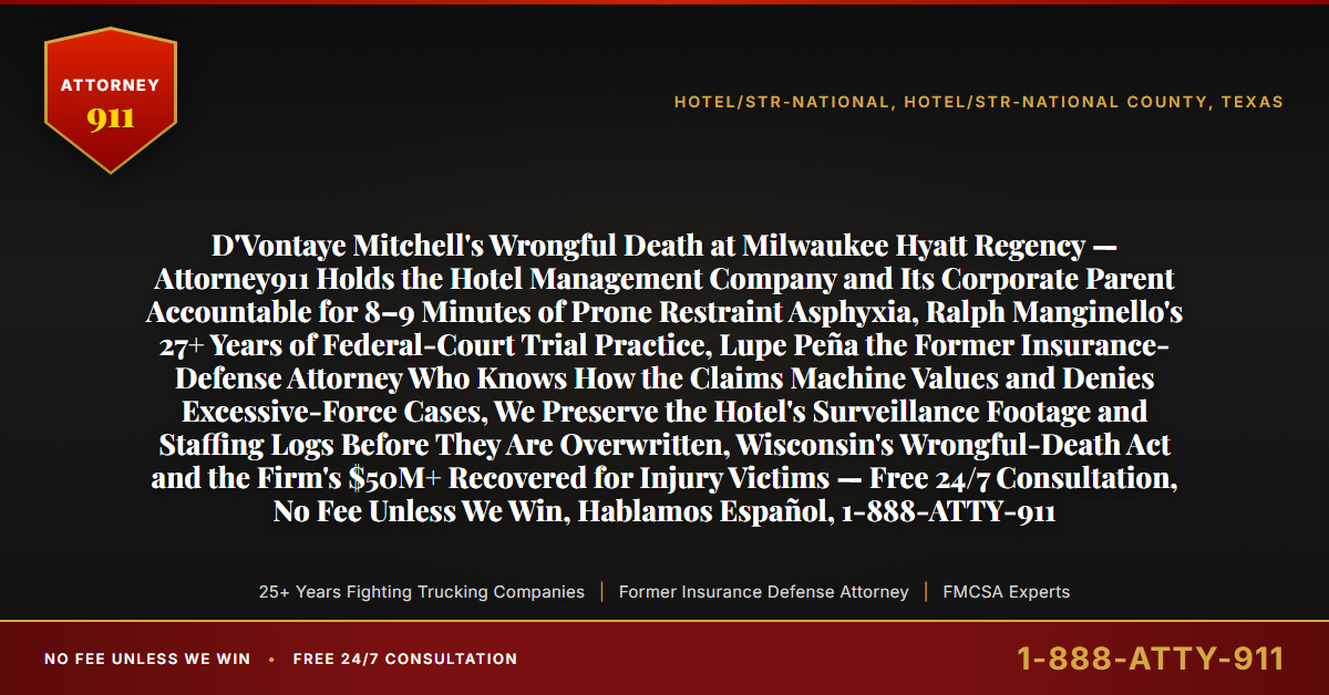 D'Vontaye Mitchell's Wrongful Death at Milwaukee Hyatt Regency — Attorney911 Holds the Hotel Management Company and Its Corporate Parent Accountable for 8–9 Minutes of Prone Restraint Asphyxia, Ralph Manginello's 27+ Years of Federal-Court Trial Practice, Lupe Peña the Former Insurance-Defense Attorney Who Knows How the Claims Machine Values and Denies Excessive-Force Cases, We Preserve the Hotel's Surveillance Footage and Staffing Logs Before They Are Overwritten, Wisconsin's Wrongful-Death Act and the Firm's $50M+ Recovered for Injury Victims — Free 24/7 Consultation, No Fee Unless We Win, Hablamos Español, 1-888-ATTY-911 - Attorney911