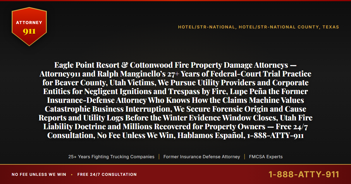 Eagle Point Resort & Cottonwood Fire Property Damage Attorneys — Attorney911 and Ralph Manginello’s 27+ Years of Federal-Court Trial Practice for Beaver County, Utah Victims, We Pursue Utility Providers and Corporate Entities for Negligent Ignitions and Trespass by Fire, Lupe Peña the Former Insurance-Defense Attorney Who Knows How the Claims Machine Values Catastrophic Business Interruption, We Secure Forensic Origin and Cause Reports and Utility Logs Before the Winter Evidence Window Closes, Utah Fire Liability Doctrine and Millions Recovered for Property Owners — Free 24/7 Consultation, No Fee Unless We Win, Hablamos Español, 1-888-ATTY-911 - Attorney911