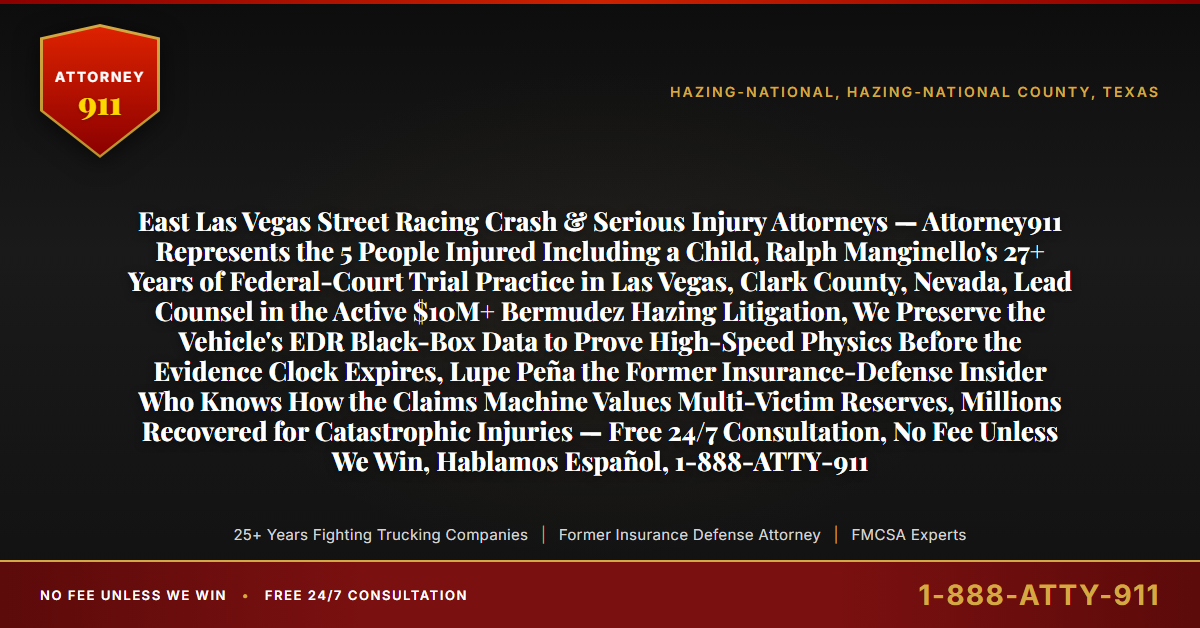 East Las Vegas Street Racing Crash & Serious Injury Attorneys — Attorney911 Represents the 5 People Injured Including a Child, Ralph Manginello's 27+ Years of Federal-Court Trial Practice in Las Vegas, Clark County, Nevada, Lead Counsel in the Active $10M+ Bermudez Hazing Litigation, We Preserve the Vehicle's EDR Black-Box Data to Prove High-Speed Physics Before the Evidence Clock Expires, Lupe Peña the Former Insurance-Defense Insider Who Knows How the Claims Machine Values Multi-Victim Reserves, Millions Recovered for Catastrophic Injuries — Free 24/7 Consultation, No Fee Unless We Win, Hablamos Español, 1-888-ATTY-911 - Attorney911