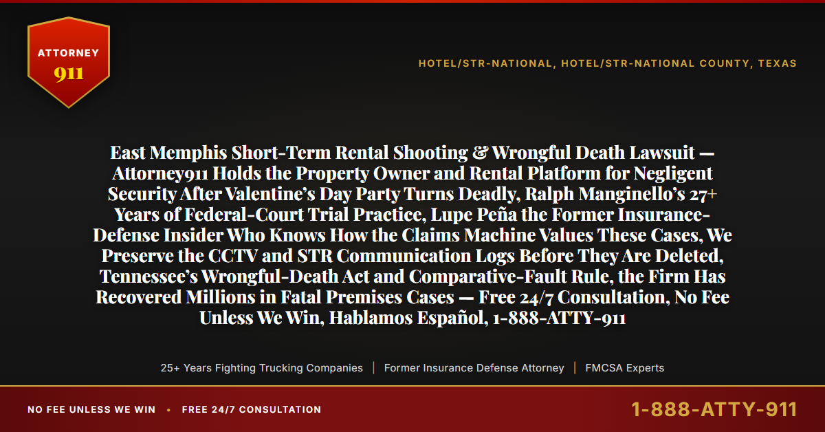 East Memphis Short-Term Rental Shooting & Wrongful Death Lawsuit — Attorney911 Holds the Property Owner and Rental Platform for Negligent Security After Valentine’s Day Party Turns Deadly, Ralph Manginello’s 27+ Years of Federal-Court Trial Practice, Lupe Peña the Former Insurance-Defense Insider Who Knows How the Claims Machine Values These Cases, We Preserve the CCTV and STR Communication Logs Before They Are Deleted, Tennessee’s Wrongful-Death Act and Comparative-Fault Rule, the Firm Has Recovered Millions in Fatal Premises Cases — Free 24/7 Consultation, No Fee Unless We Win, Hablamos Español, 1-888-ATTY-911 - Attorney911