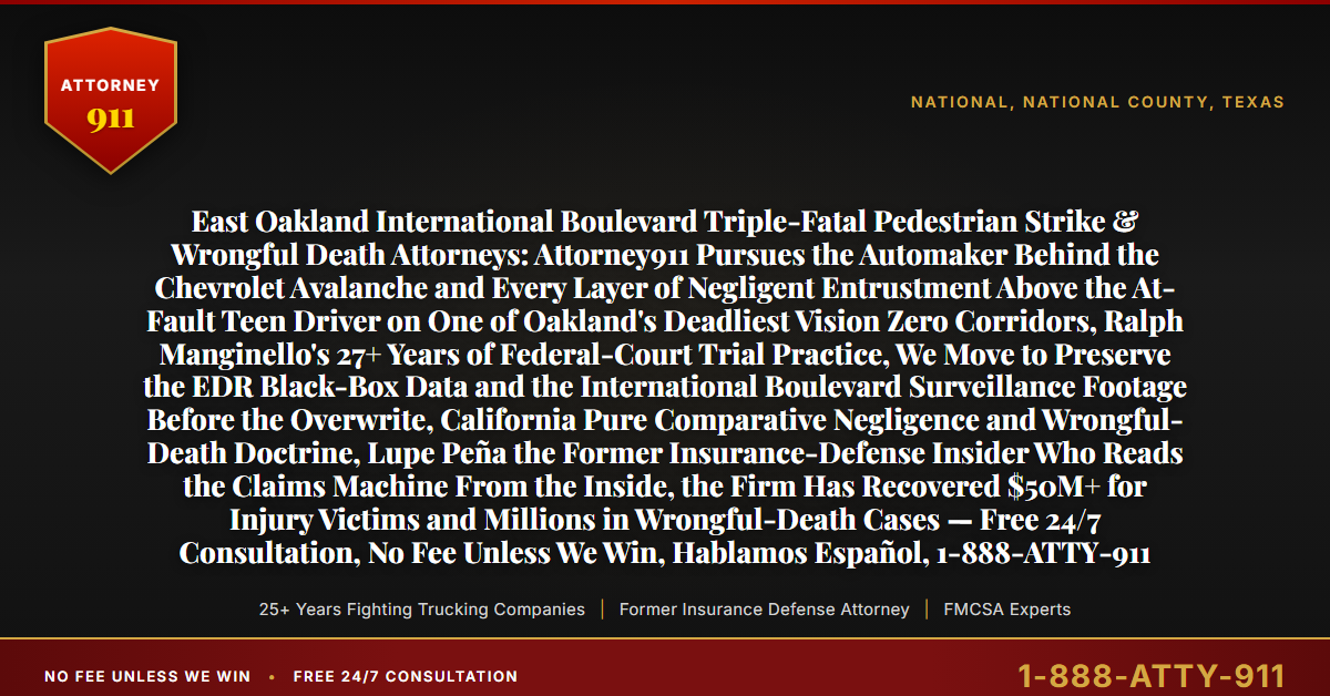 East Oakland International Boulevard Triple-Fatal Pedestrian Strike & Wrongful Death Attorneys: Attorney911 Pursues the Automaker Behind the Chevrolet Avalanche and Every Layer of Negligent Entrustment Above the At-Fault Teen Driver on One of Oakland's Deadliest Vision Zero Corridors, Ralph Manginello's 27+ Years of Federal-Court Trial Practice, We Move to Preserve the EDR Black-Box Data and the International Boulevard Surveillance Footage Before the Overwrite, California Pure Comparative Negligence and Wrongful-Death Doctrine, Lupe Peña the Former Insurance-Defense Insider Who Reads the Claims Machine From the Inside, the Firm Has Recovered $50M+ for Injury Victims and Millions in Wrongful-Death Cases — Free 24/7 Consultation, No Fee Unless We Win, Hablamos Español, 1-888-ATTY-911 - Attorney911