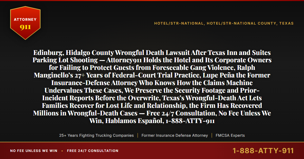 Edinburg, Hidalgo County Wrongful Death Lawsuit After Texas Inn and Suites Parking Lot Shooting — Attorney911 Holds the Hotel and Its Corporate Owners for Failing to Protect Guests from Foreseeable Gang Violence, Ralph Manginello’s 27+ Years of Federal-Court Trial Practice, Lupe Peña the Former Insurance-Defense Attorney Who Knows How the Claims Machine Undervalues These Cases, We Preserve the Security Footage and Prior-Incident Reports Before the Overwrite, Texas’s Wrongful-Death Act Lets Families Recover for Lost Life and Relationship, the Firm Has Recovered Millions in Wrongful-Death Cases — Free 24/7 Consultation, No Fee Unless We Win, Hablamos Español, 1-888-ATTY-911 - Attorney911