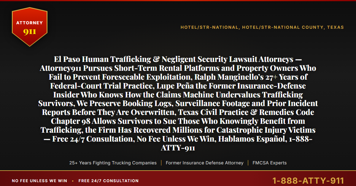 El Paso Human Trafficking & Negligent Security Lawsuit Attorneys — Attorney911 Pursues Short-Term Rental Platforms and Property Owners Who Fail to Prevent Foreseeable Exploitation, Ralph Manginello’s 27+ Years of Federal-Court Trial Practice, Lupe Peña the Former Insurance-Defense Insider Who Knows How the Claims Machine Undervalues Trafficking Survivors, We Preserve Booking Logs, Surveillance Footage and Prior Incident Reports Before They Are Overwritten, Texas Civil Practice & Remedies Code Chapter 98 Allows Survivors to Sue Those Who Knowingly Benefit from Trafficking, the Firm Has Recovered Millions for Catastrophic Injury Victims — Free 24/7 Consultation, No Fee Unless We Win, Hablamos Español, 1-888-ATTY-911 - Attorney911