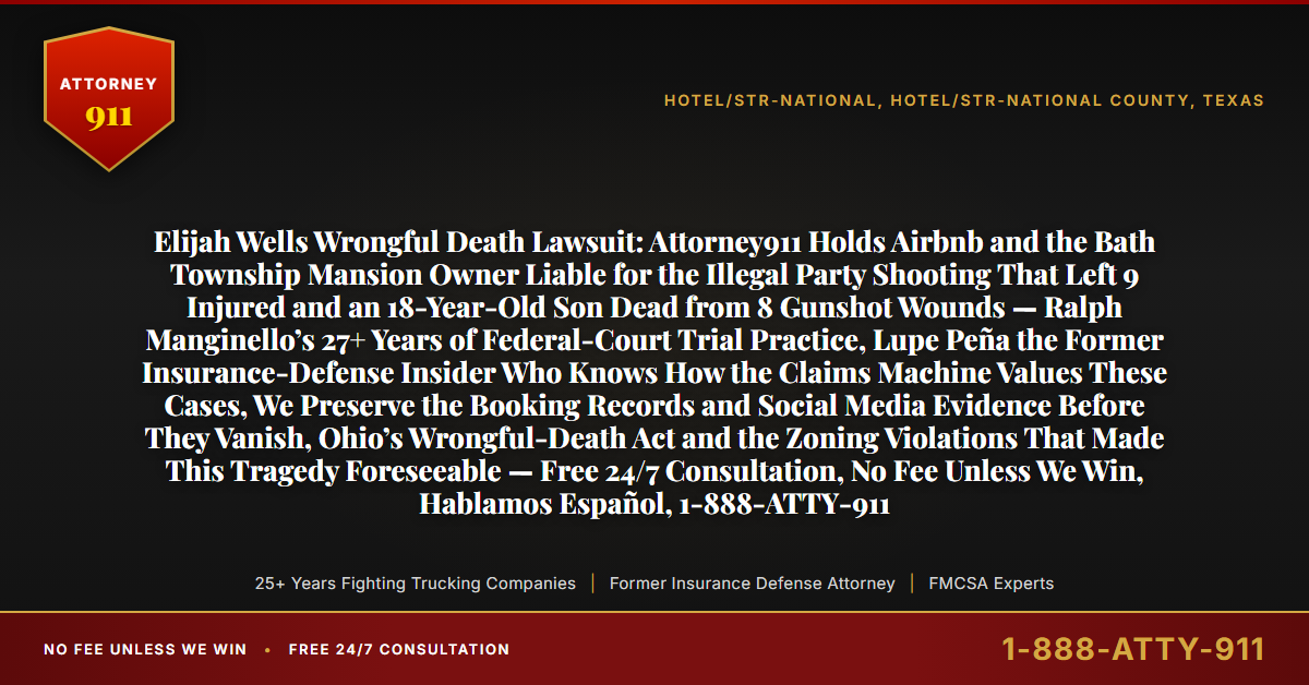 Elijah Wells Wrongful Death Lawsuit: Attorney911 Holds Airbnb and the Bath Township Mansion Owner Liable for the Illegal Party Shooting That Left 9 Injured and an 18-Year-Old Son Dead from 8 Gunshot Wounds — Ralph Manginello’s 27+ Years of Federal-Court Trial Practice, Lupe Peña the Former Insurance-Defense Insider Who Knows How the Claims Machine Values These Cases, We Preserve the Booking Records and Social Media Evidence Before They Vanish, Ohio’s Wrongful-Death Act and the Zoning Violations That Made This Tragedy Foreseeable — Free 24/7 Consultation, No Fee Unless We Win, Hablamos Español, 1-888-ATTY-911 - Attorney911