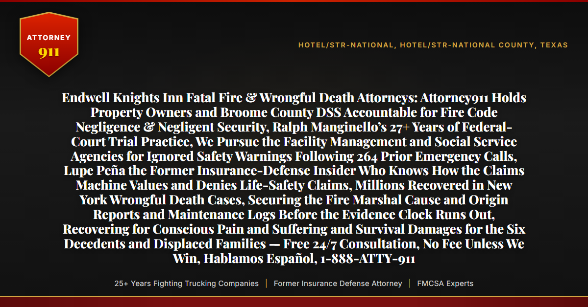 Endwell Knights Inn Fatal Fire & Wrongful Death Attorneys: Attorney911 Holds Property Owners and Broome County DSS Accountable for Fire Code Negligence & Negligent Security, Ralph Manginello’s 27+ Years of Federal-Court Trial Practice, We Pursue the Facility Management and Social Service Agencies for Ignored Safety Warnings Following 264 Prior Emergency Calls, Lupe Peña the Former Insurance-Defense Insider Who Knows How the Claims Machine Values and Denies Life-Safety Claims, Millions Recovered in New York Wrongful Death Cases, Securing the Fire Marshal Cause and Origin Reports and Maintenance Logs Before the Evidence Clock Runs Out, Recovering for Conscious Pain and Suffering and Survival Damages for the Six Decedents and Displaced Families — Free 24/7 Consultation, No Fee Unless We Win, Hablamos Español, 1-888-ATTY-911 - Attorney911