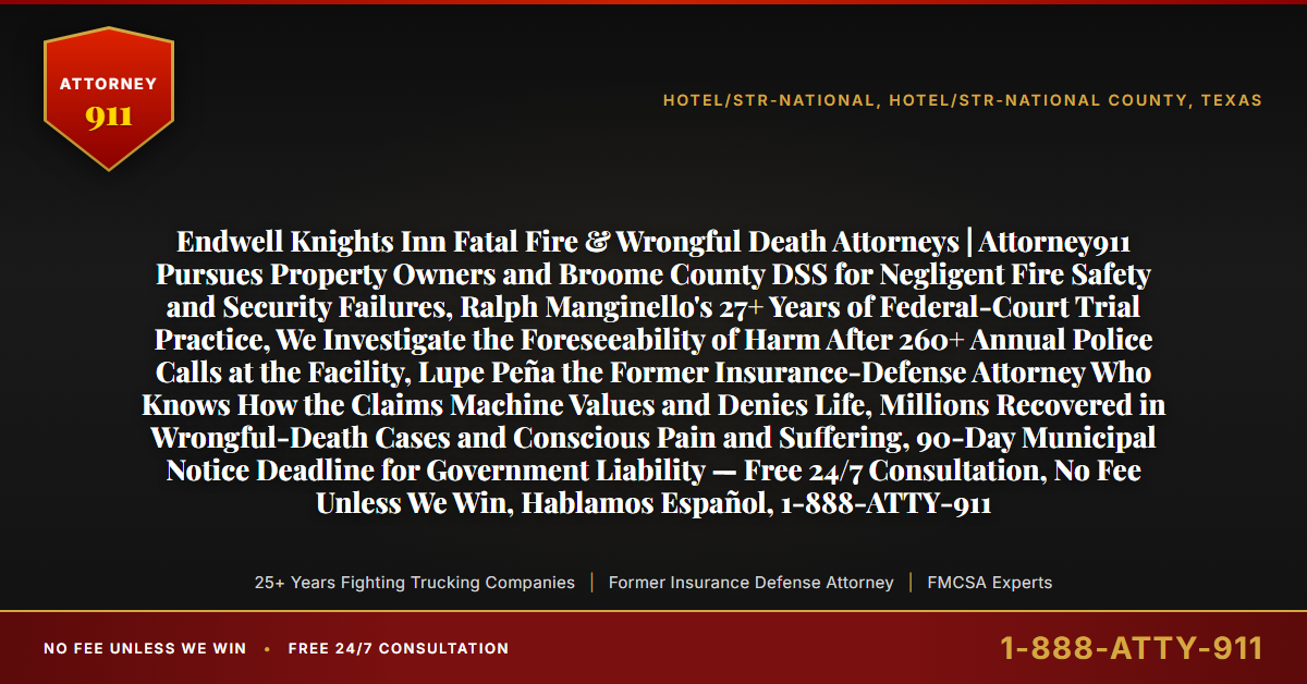 Endwell Knights Inn Fatal Fire & Wrongful Death Attorneys | Attorney911 Pursues Property Owners and Broome County DSS for Negligent Fire Safety and Security Failures, Ralph Manginello's 27+ Years of Federal-Court Trial Practice, We Investigate the Foreseeability of Harm After 260+ Annual Police Calls at the Facility, Lupe Peña the Former Insurance-Defense Attorney Who Knows How the Claims Machine Values and Denies Life, Millions Recovered in Wrongful-Death Cases and Conscious Pain and Suffering, 90-Day Municipal Notice Deadline for Government Liability — Free 24/7 Consultation, No Fee Unless We Win, Hablamos Español, 1-888-ATTY-911 - Attorney911