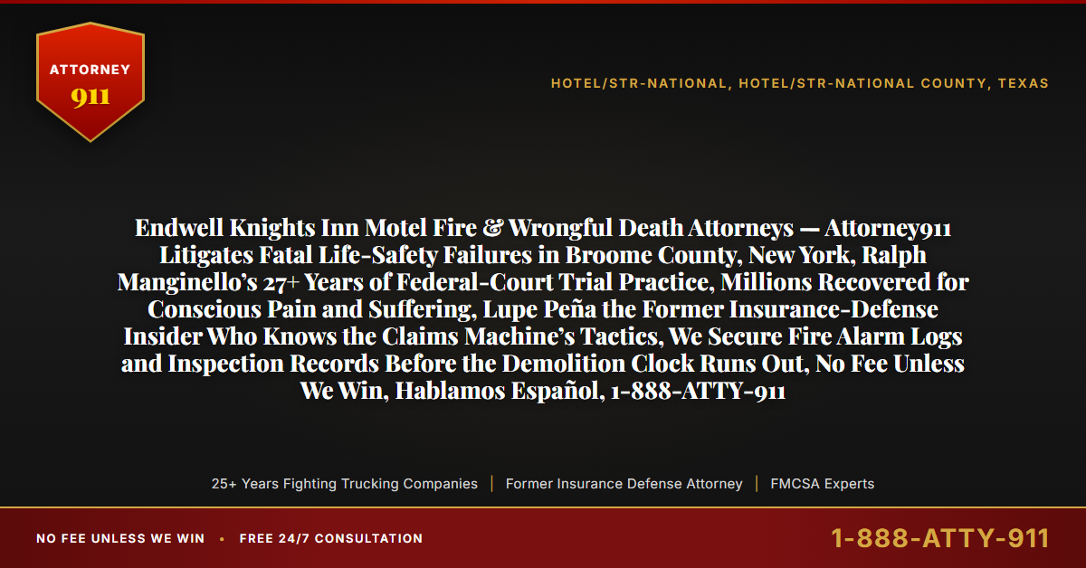 Endwell Knights Inn Motel Fire & Wrongful Death Attorneys — Attorney911 Litigates Fatal Life-Safety Failures in Broome County, New York, Ralph Manginello’s 27+ Years of Federal-Court Trial Practice, Millions Recovered for Conscious Pain and Suffering, Lupe Peña the Former Insurance-Defense Insider Who Knows the Claims Machine’s Tactics, We Secure Fire Alarm Logs and Inspection Records Before the Demolition Clock Runs Out, No Fee Unless We Win, Hablamos Español, 1-888-ATTY-911 - Attorney911