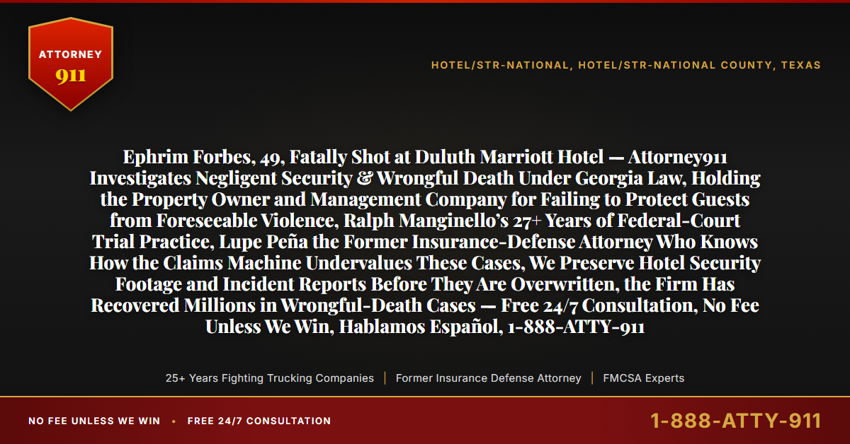 Ephrim Forbes, 49, Fatally Shot at Duluth Marriott Hotel — Attorney911 Investigates Negligent Security & Wrongful Death Under Georgia Law, Holding the Property Owner and Management Company for Failing to Protect Guests from Foreseeable Violence, Ralph Manginello’s 27+ Years of Federal-Court Trial Practice, Lupe Peña the Former Insurance-Defense Attorney Who Knows How the Claims Machine Undervalues These Cases, We Preserve Hotel Security Footage and Incident Reports Before They Are Overwritten, the Firm Has Recovered Millions in Wrongful-Death Cases — Free 24/7 Consultation, No Fee Unless We Win, Hablamos Español, 1-888-ATTY-911 - Attorney911