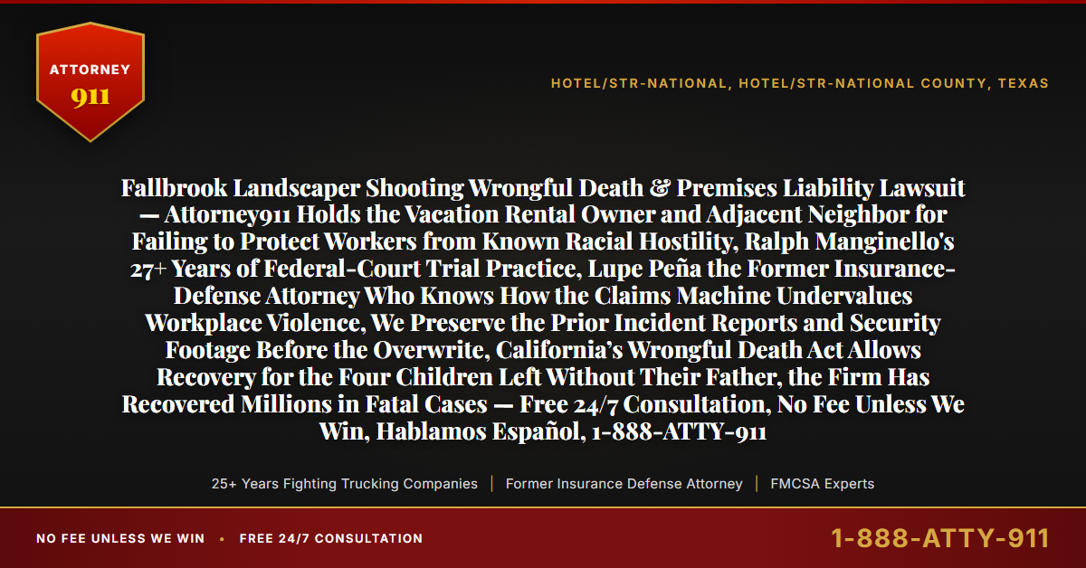 Fallbrook Landscaper Shooting Wrongful Death & Premises Liability Lawsuit — Attorney911 Holds the Vacation Rental Owner and Adjacent Neighbor for Failing to Protect Workers from Known Racial Hostility, Ralph Manginello's 27+ Years of Federal-Court Trial Practice, Lupe Peña the Former Insurance-Defense Attorney Who Knows How the Claims Machine Undervalues Workplace Violence, We Preserve the Prior Incident Reports and Security Footage Before the Overwrite, California’s Wrongful Death Act Allows Recovery for the Four Children Left Without Their Father, the Firm Has Recovered Millions in Fatal Cases — Free 24/7 Consultation, No Fee Unless We Win, Hablamos Español, 1-888-ATTY-911 - Attorney911