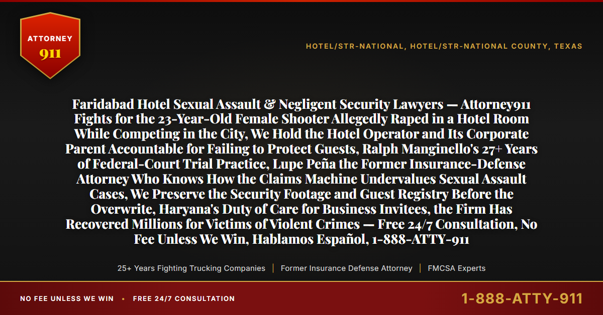Faridabad Hotel Sexual Assault & Negligent Security Lawyers — Attorney911 Fights for the 23-Year-Old Female Shooter Allegedly Raped in a Hotel Room While Competing in the City, We Hold the Hotel Operator and Its Corporate Parent Accountable for Failing to Protect Guests, Ralph Manginello's 27+ Years of Federal-Court Trial Practice, Lupe Peña the Former Insurance-Defense Attorney Who Knows How the Claims Machine Undervalues Sexual Assault Cases, We Preserve the Security Footage and Guest Registry Before the Overwrite, Haryana's Duty of Care for Business Invitees, the Firm Has Recovered Millions for Victims of Violent Crimes — Free 24/7 Consultation, No Fee Unless We Win, Hablamos Español, 1-888-ATTY-911 - Attorney911