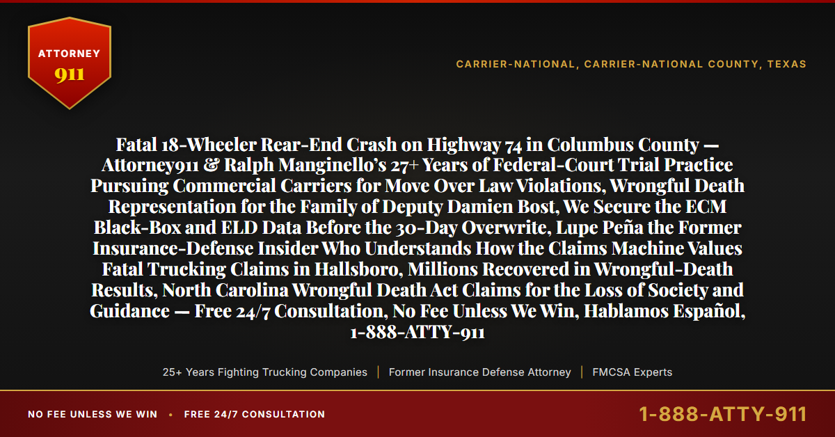Fatal 18-Wheeler Rear-End Crash on Highway 74 in Columbus County — Attorney911 & Ralph Manginello’s 27+ Years of Federal-Court Trial Practice Pursuing Commercial Carriers for Move Over Law Violations, Wrongful Death Representation for the Family of Deputy Damien Bost, We Secure the ECM Black-Box and ELD Data Before the 30-Day Overwrite, Lupe Peña the Former Insurance-Defense Insider Who Understands How the Claims Machine Values Fatal Trucking Claims in Hallsboro, Millions Recovered in Wrongful-Death Results, North Carolina Wrongful Death Act Claims for the Loss of Society and Guidance — Free 24/7 Consultation, No Fee Unless We Win, Hablamos Español, 1-888-ATTY-911 - Attorney911