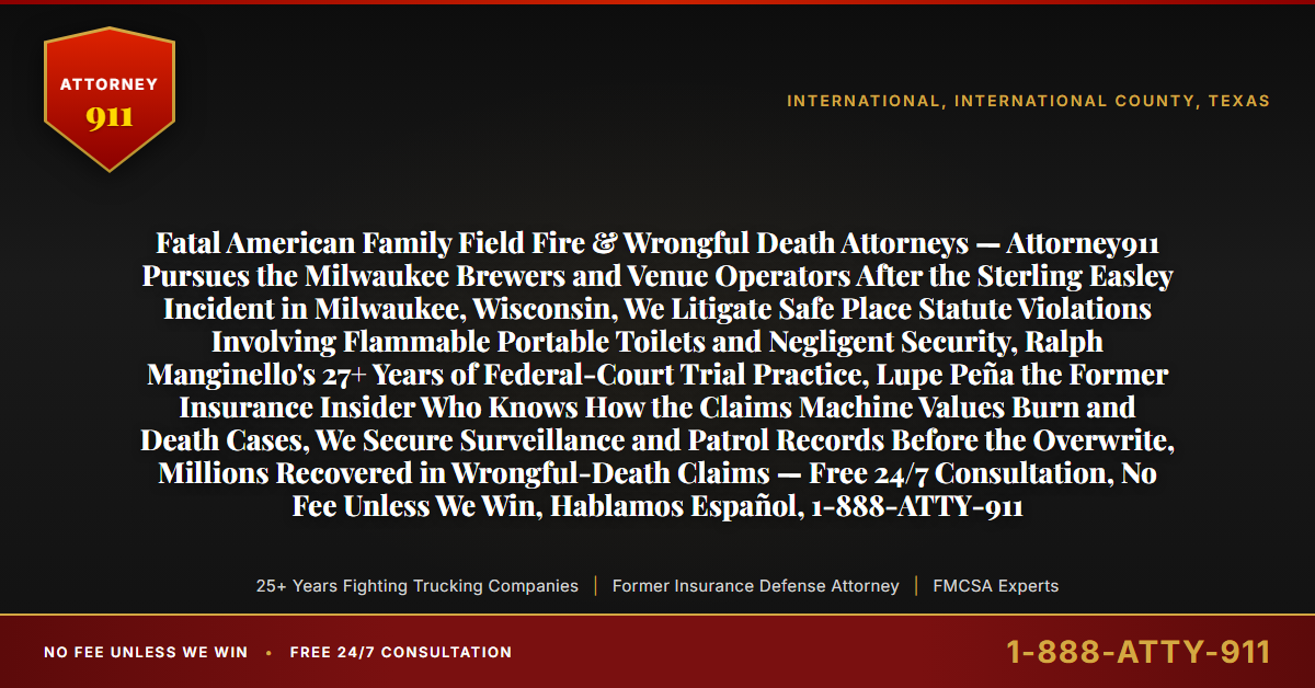 Fatal American Family Field Fire & Wrongful Death Attorneys — Attorney911 Pursues the Milwaukee Brewers and Venue Operators After the Sterling Easley Incident in Milwaukee, Wisconsin, We Litigate Safe Place Statute Violations Involving Flammable Portable Toilets and Negligent Security, Ralph Manginello's 27+ Years of Federal-Court Trial Practice, Lupe Peña the Former Insurance Insider Who Knows How the Claims Machine Values Burn and Death Cases, We Secure Surveillance and Patrol Records Before the Overwrite, Millions Recovered in Wrongful-Death Claims — Free 24/7 Consultation, No Fee Unless We Win, Hablamos Español, 1-888-ATTY-911 - Attorney911