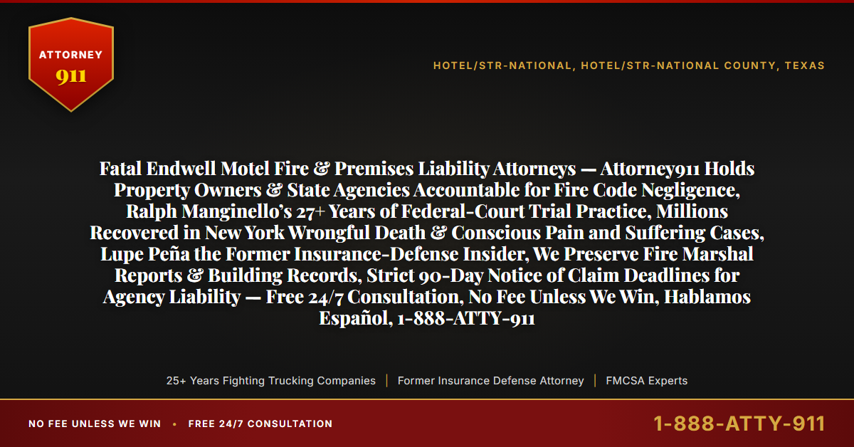 Fatal Endwell Motel Fire & Premises Liability Attorneys — Attorney911 Holds Property Owners & State Agencies Accountable for Fire Code Negligence, Ralph Manginello’s 27+ Years of Federal-Court Trial Practice, Millions Recovered in New York Wrongful Death & Conscious Pain and Suffering Cases, Lupe Peña the Former Insurance-Defense Insider, We Preserve Fire Marshal Reports & Building Records, Strict 90-Day Notice of Claim Deadlines for Agency Liability — Free 24/7 Consultation, No Fee Unless We Win, Hablamos Español, 1-888-ATTY-911 - Attorney911