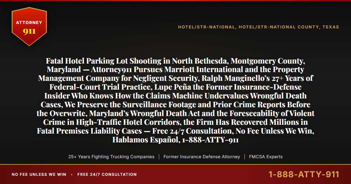Fatal Hotel Parking Lot Shooting in North Bethesda, Montgomery County, Maryland — Attorney911 Pursues Marriott International and the Property Management Company for Negligent Security, Ralph Manginello’s 27+ Years of Federal-Court Trial Practice, Lupe Peña the Former Insurance-Defense Insider Who Knows How the Claims Machine Undervalues Wrongful Death Cases, We Preserve the Surveillance Footage and Prior Crime Reports Before the Overwrite, Maryland’s Wrongful Death Act and the Foreseeability of Violent Crime in High-Traffic Hotel Corridors, the Firm Has Recovered Millions in Fatal Premises Liability Cases — Free 24/7 Consultation, No Fee Unless We Win, Hablamos Español, 1-888-ATTY-911 - Attorney911