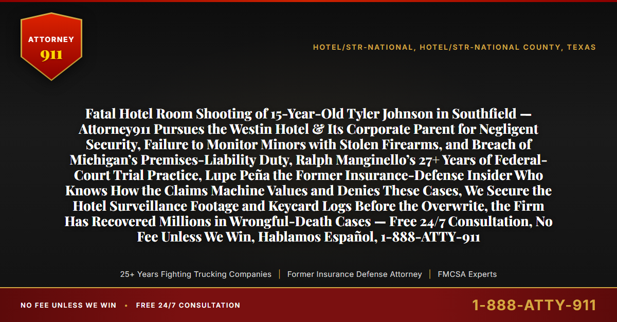Fatal Hotel Room Shooting of 15-Year-Old Tyler Johnson in Southfield — Attorney911 Pursues the Westin Hotel & Its Corporate Parent for Negligent Security, Failure to Monitor Minors with Stolen Firearms, and Breach of Michigan’s Premises-Liability Duty, Ralph Manginello’s 27+ Years of Federal-Court Trial Practice, Lupe Peña the Former Insurance-Defense Insider Who Knows How the Claims Machine Values and Denies These Cases, We Secure the Hotel Surveillance Footage and Keycard Logs Before the Overwrite, the Firm Has Recovered Millions in Wrongful-Death Cases — Free 24/7 Consultation, No Fee Unless We Win, Hablamos Español, 1-888-ATTY-911 - Attorney911
