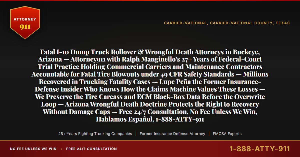 Fatal I-10 Dump Truck Rollover & Wrongful Death Attorneys in Buckeye, Arizona — Attorney911 with Ralph Manginello’s 27+ Years of Federal-Court Trial Practice Holding Commercial Carriers and Maintenance Contractors Accountable for Fatal Tire Blowouts under 49 CFR Safety Standards — Millions Recovered in Trucking Fatality Cases — Lupe Peña the Former Insurance-Defense Insider Who Knows How the Claims Machine Values These Losses — We Preserve the Tire Carcass and ECM Black-Box Data Before the Overwrite Loop — Arizona Wrongful Death Doctrine Protects the Right to Recovery Without Damage Caps — Free 24/7 Consultation, No Fee Unless We Win, Hablamos Español, 1-888-ATTY-911 - Attorney911
