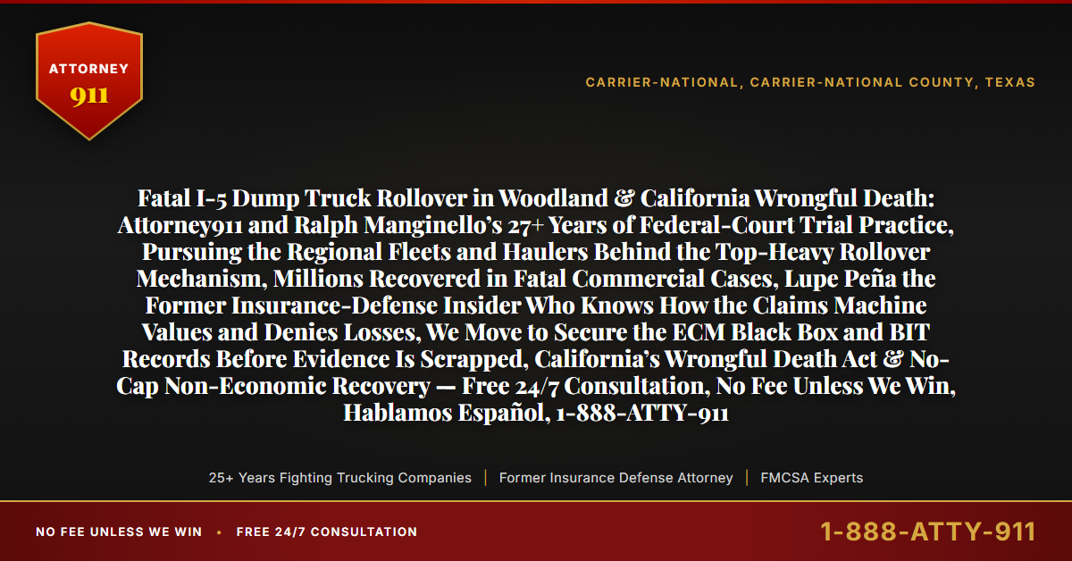 Fatal I-5 Dump Truck Rollover in Woodland & California Wrongful Death: Attorney911 and Ralph Manginello’s 27+ Years of Federal-Court Trial Practice, Pursuing the Regional Fleets and Haulers Behind the Top-Heavy Rollover Mechanism, Millions Recovered in Fatal Commercial Cases, Lupe Peña the Former Insurance-Defense Insider Who Knows How the Claims Machine Values and Denies Losses, We Move to Secure the ECM Black Box and BIT Records Before Evidence Is Scrapped, California’s Wrongful Death Act & No-Cap Non-Economic Recovery — Free 24/7 Consultation, No Fee Unless We Win, Hablamos Español, 1-888-ATTY-911 - Attorney911