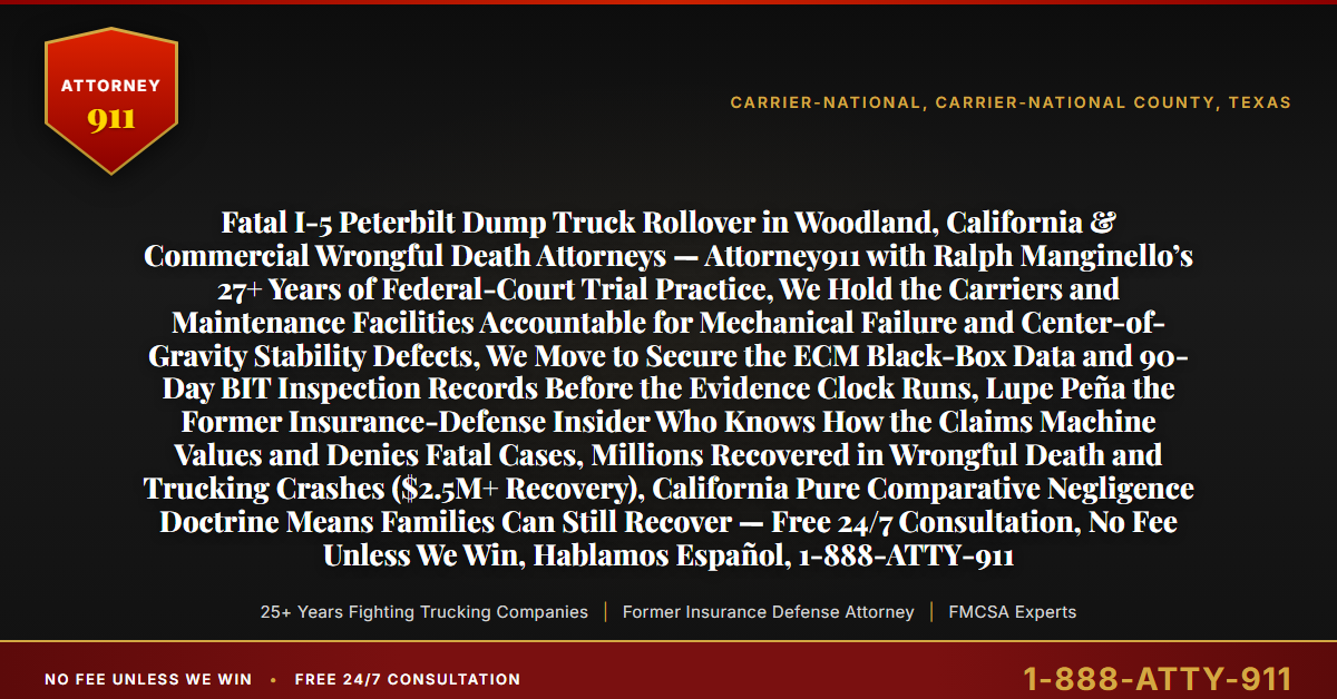 Fatal I-5 Peterbilt Dump Truck Rollover in Woodland, California & Commercial Wrongful Death Attorneys — Attorney911 with Ralph Manginello’s 27+ Years of Federal-Court Trial Practice, We Hold the Carriers and Maintenance Facilities Accountable for Mechanical Failure and Center-of-Gravity Stability Defects, We Move to Secure the ECM Black-Box Data and 90-Day BIT Inspection Records Before the Evidence Clock Runs, Lupe Peña the Former Insurance-Defense Insider Who Knows How the Claims Machine Values and Denies Fatal Cases, Millions Recovered in Wrongful Death and Trucking Crashes ($2.5M+ Recovery), California Pure Comparative Negligence Doctrine Means Families Can Still Recover — Free 24/7 Consultation, No Fee Unless We Win, Hablamos Español, 1-888-ATTY-911 - Attorney911