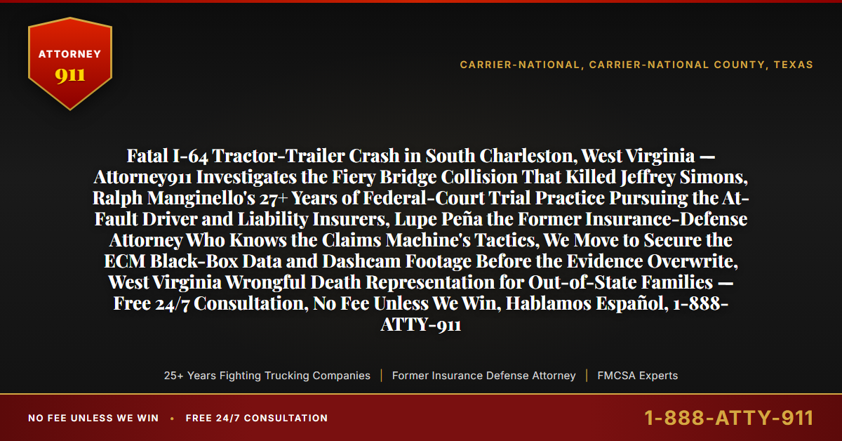 Fatal I-64 Tractor-Trailer Crash in South Charleston, West Virginia — Attorney911 Investigates the Fiery Bridge Collision That Killed Jeffrey Simons, Ralph Manginello's 27+ Years of Federal-Court Trial Practice Pursuing the At-Fault Driver and Liability Insurers, Lupe Peña the Former Insurance-Defense Attorney Who Knows the Claims Machine's Tactics, We Move to Secure the ECM Black-Box Data and Dashcam Footage Before the Evidence Overwrite, West Virginia Wrongful Death Representation for Out-of-State Families — Free 24/7 Consultation, No Fee Unless We Win, Hablamos Español, 1-888-ATTY-911 - Attorney911