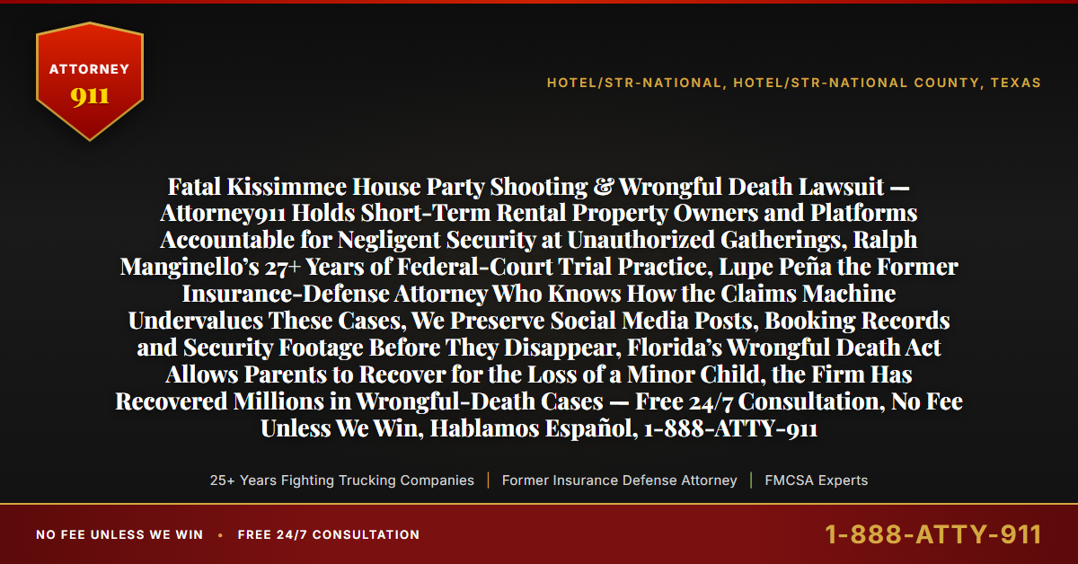 Fatal Kissimmee House Party Shooting & Wrongful Death Lawsuit — Attorney911 Holds Short-Term Rental Property Owners and Platforms Accountable for Negligent Security at Unauthorized Gatherings, Ralph Manginello’s 27+ Years of Federal-Court Trial Practice, Lupe Peña the Former Insurance-Defense Attorney Who Knows How the Claims Machine Undervalues These Cases, We Preserve Social Media Posts, Booking Records and Security Footage Before They Disappear, Florida’s Wrongful Death Act Allows Parents to Recover for the Loss of a Minor Child, the Firm Has Recovered Millions in Wrongful-Death Cases — Free 24/7 Consultation, No Fee Unless We Win, Hablamos Español, 1-888-ATTY-911 - Attorney911