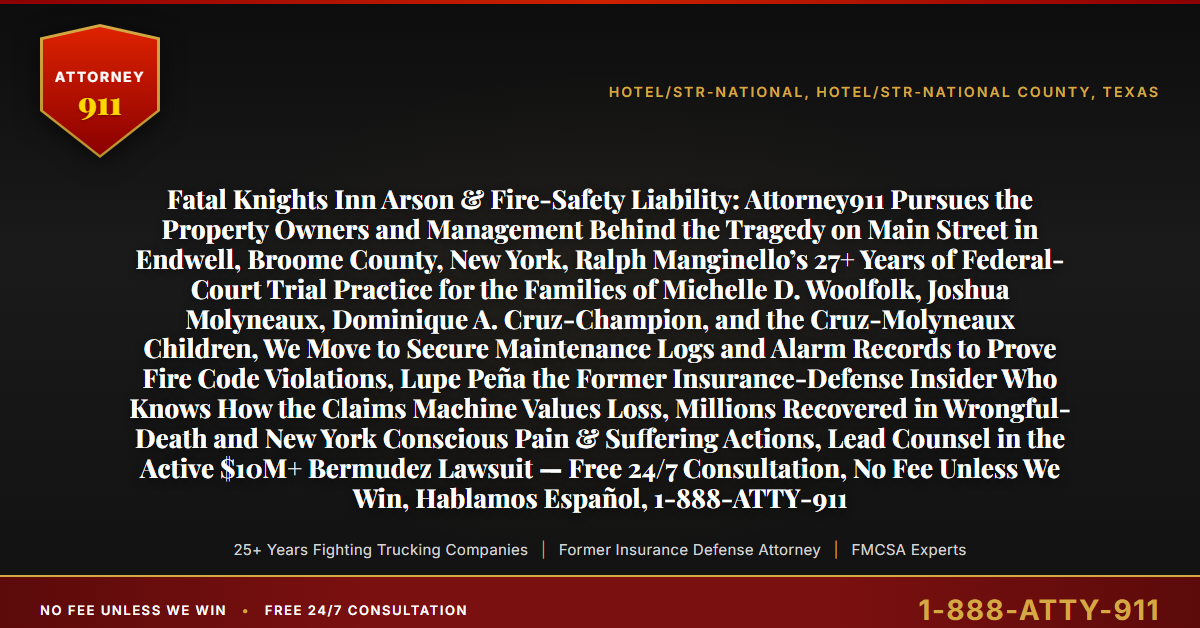 Fatal Knights Inn Arson & Fire-Safety Liability: Attorney911 Pursues the Property Owners and Management Behind the Tragedy on Main Street in Endwell, Broome County, New York, Ralph Manginello’s 27+ Years of Federal-Court Trial Practice for the Families of Michelle D. Woolfolk, Joshua Molyneaux, Dominique A. Cruz-Champion, and the Cruz-Molyneaux Children, We Move to Secure Maintenance Logs and Alarm Records to Prove Fire Code Violations, Lupe Peña the Former Insurance-Defense Insider Who Knows How the Claims Machine Values Loss, Millions Recovered in Wrongful-Death and New York Conscious Pain & Suffering Actions, Lead Counsel in the Active $10M+ Bermudez Lawsuit — Free 24/7 Consultation, No Fee Unless We Win, Hablamos Español, 1-888-ATTY-911 - Attorney911