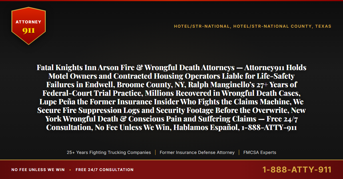 Fatal Knights Inn Arson Fire & Wrongful Death Attorneys — Attorney911 Holds Motel Owners and Contracted Housing Operators Liable for Life-Safety Failures in Endwell, Broome County, NY, Ralph Manginello’s 27+ Years of Federal-Court Trial Practice, Millions Recovered in Wrongful Death Cases, Lupe Peña the Former Insurance Insider Who Fights the Claims Machine, We Secure Fire Suppression Logs and Security Footage Before the Overwrite, New York Wrongful Death & Conscious Pain and Suffering Claims — Free 24/7 Consultation, No Fee Unless We Win, Hablamos Español, 1-888-ATTY-911 - Attorney911
