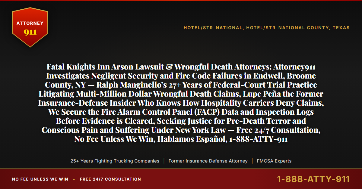 Fatal Knights Inn Arson Lawsuit & Wrongful Death Attorneys: Attorney911 Investigates Negligent Security and Fire Code Failures in Endwell, Broome County, NY — Ralph Manginello’s 27+ Years of Federal-Court Trial Practice Litigating Multi-Million Dollar Wrongful Death Claims, Lupe Peña the Former Insurance-Defense Insider Who Knows How Hospitality Carriers Deny Claims, We Secure the Fire Alarm Control Panel (FACP) Data and Inspection Logs Before Evidence is Cleared, Seeking Justice for Pre-Death Terror and Conscious Pain and Suffering Under New York Law — Free 24/7 Consultation, No Fee Unless We Win, Hablamos Español, 1-888-ATTY-911 - Attorney911