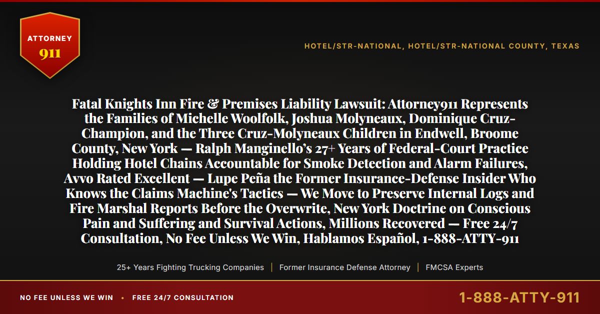 Fatal Knights Inn Fire & Premises Liability Lawsuit: Attorney911 Represents the Families of Michelle Woolfolk, Joshua Molyneaux, Dominique Cruz-Champion, and the Three Cruz-Molyneaux Children in Endwell, Broome County, New York — Ralph Manginello’s 27+ Years of Federal-Court Practice Holding Hotel Chains Accountable for Smoke Detection and Alarm Failures, Avvo Rated Excellent — Lupe Peña the Former Insurance-Defense Insider Who Knows the Claims Machine's Tactics — We Move to Preserve Internal Logs and Fire Marshal Reports Before the Overwrite, New York Doctrine on Conscious Pain and Suffering and Survival Actions, Millions Recovered — Free 24/7 Consultation, No Fee Unless We Win, Hablamos Español, 1-888-ATTY-911 - Attorney911