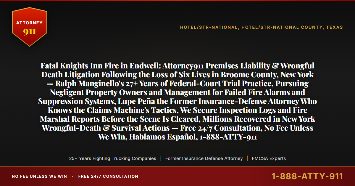 Fatal Knights Inn Fire in Endwell: Attorney911 Premises Liability & Wrongful Death Litigation Following the Loss of Six Lives in Broome County, New York — Ralph Manginello's 27+ Years of Federal-Court Trial Practice, Pursuing Negligent Property Owners and Management for Failed Fire Alarms and Suppression Systems, Lupe Peña the Former Insurance-Defense Attorney Who Knows the Claims Machine's Tactics, We Secure Inspection Logs and Fire Marshal Reports Before the Scene Is Cleared, Millions Recovered in New York Wrongful-Death & Survival Actions — Free 24/7 Consultation, No Fee Unless We Win, Hablamos Español, 1-888-ATTY-911 - Attorney911