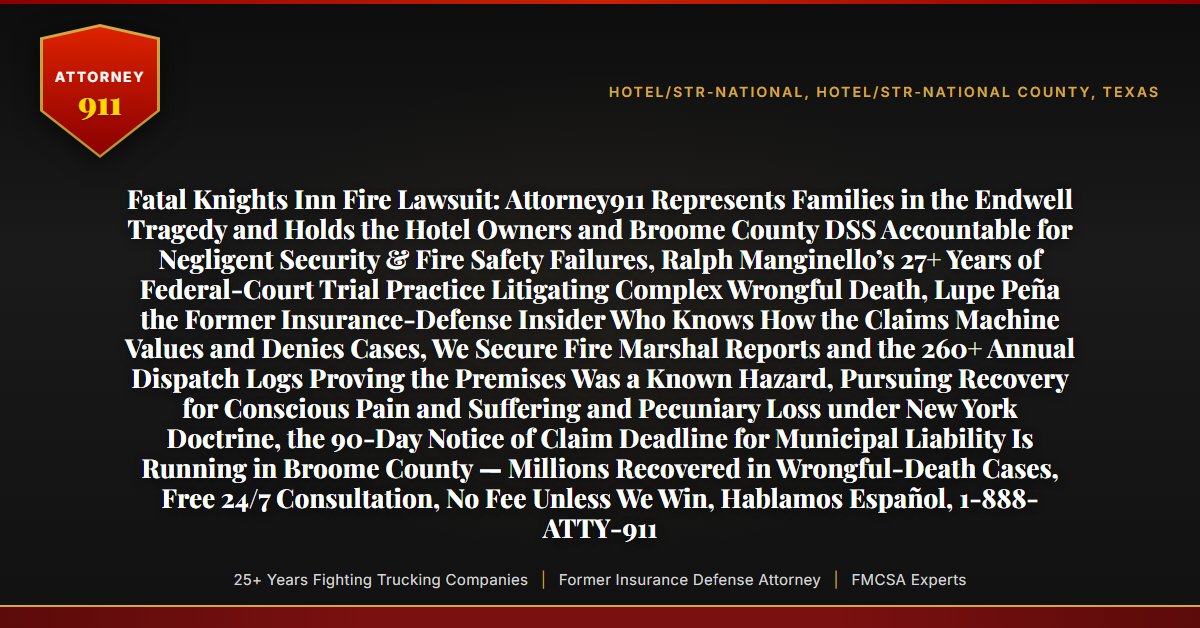Fatal Knights Inn Fire Lawsuit: Attorney911 Represents Families in the Endwell Tragedy and Holds the Hotel Owners and Broome County DSS Accountable for Negligent Security & Fire Safety Failures, Ralph Manginello’s 27+ Years of Federal-Court Trial Practice Litigating Complex Wrongful Death, Lupe Peña the Former Insurance-Defense Insider Who Knows How the Claims Machine Values and Denies Cases, We Secure Fire Marshal Reports and the 260+ Annual Dispatch Logs Proving the Premises Was a Known Hazard, Pursuing Recovery for Conscious Pain and Suffering and Pecuniary Loss under New York Doctrine, the 90-Day Notice of Claim Deadline for Municipal Liability Is Running in Broome County — Millions Recovered in Wrongful-Death Cases, Free 24/7 Consultation, No Fee Unless We Win, Hablamos Español, 1-888-ATTY-911 - Attorney911