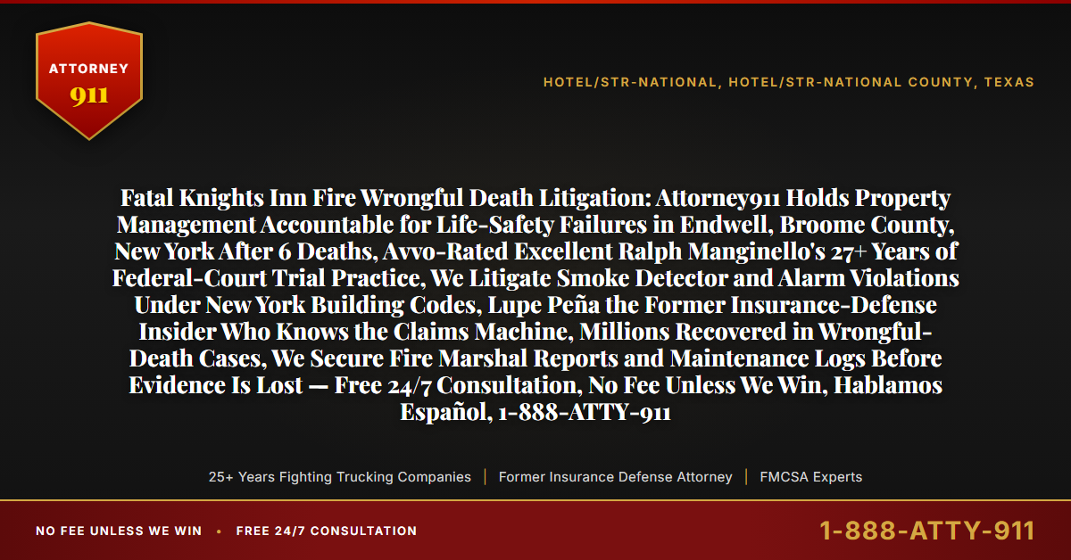 Fatal Knights Inn Fire Wrongful Death Litigation: Attorney911 Holds Property Management Accountable for Life-Safety Failures in Endwell, Broome County, New York After 6 Deaths, Avvo-Rated Excellent Ralph Manginello's 27+ Years of Federal-Court Trial Practice, We Litigate Smoke Detector and Alarm Violations Under New York Building Codes, Lupe Peña the Former Insurance-Defense Insider Who Knows the Claims Machine, Millions Recovered in Wrongful-Death Cases, We Secure Fire Marshal Reports and Maintenance Logs Before Evidence Is Lost — Free 24/7 Consultation, No Fee Unless We Win, Hablamos Español, 1-888-ATTY-911 - Attorney911
