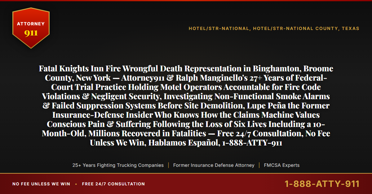 Fatal Knights Inn Fire Wrongful Death Representation in Binghamton, Broome County, New York — Attorney911 & Ralph Manginello's 27+ Years of Federal-Court Trial Practice Holding Motel Operators Accountable for Fire Code Violations & Negligent Security, Investigating Non-Functional Smoke Alarms & Failed Suppression Systems Before Site Demolition, Lupe Peña the Former Insurance-Defense Insider Who Knows How the Claims Machine Values Conscious Pain & Suffering Following the Loss of Six Lives Including a 10-Month-Old, Millions Recovered in Fatalities — Free 24/7 Consultation, No Fee Unless We Win, Hablamos Español, 1-888-ATTY-911 - Attorney911
