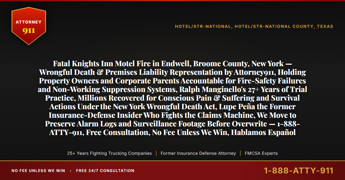 Fatal Knights Inn Motel Fire in Endwell, Broome County, New York — Wrongful Death & Premises Liability Representation by Attorney911, Holding Property Owners and Corporate Parents Accountable for Fire-Safety Failures and Non-Working Suppression Systems, Ralph Manginello's 27+ Years of Trial Practice, Millions Recovered for Conscious Pain & Suffering and Survival Actions Under the New York Wrongful Death Act, Lupe Peña the Former Insurance-Defense Insider Who Fights the Claims Machine, We Move to Preserve Alarm Logs and Surveillance Footage Before Overwrite — 1-888-ATTY-911, Free Consultation, No Fee Unless We Win, Hablamos Español - Attorney911