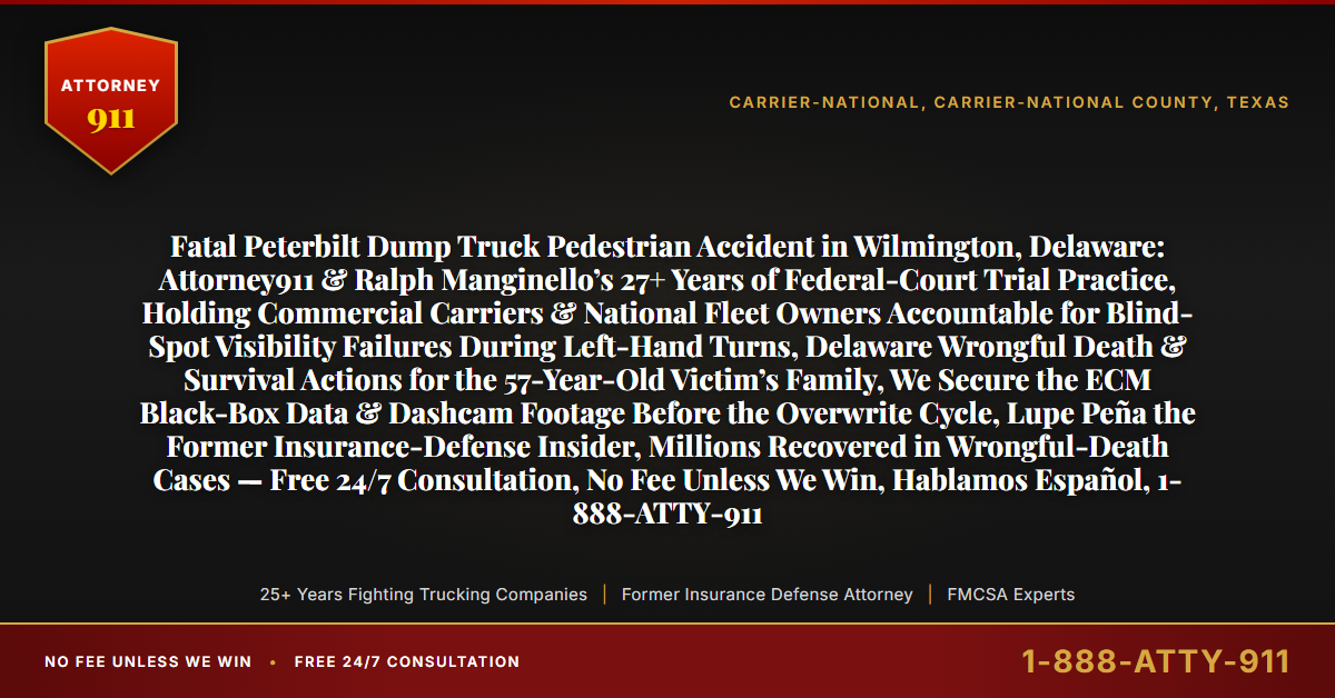 Fatal Peterbilt Dump Truck Pedestrian Accident in Wilmington, Delaware: Attorney911 & Ralph Manginello’s 27+ Years of Federal-Court Trial Practice, Holding Commercial Carriers & National Fleet Owners Accountable for Blind-Spot Visibility Failures During Left-Hand Turns, Delaware Wrongful Death & Survival Actions for the 57-Year-Old Victim’s Family, We Secure the ECM Black-Box Data & Dashcam Footage Before the Overwrite Cycle, Lupe Peña the Former Insurance-Defense Insider, Millions Recovered in Wrongful-Death Cases — Free 24/7 Consultation, No Fee Unless We Win, Hablamos Español, 1-888-ATTY-911 - Attorney911